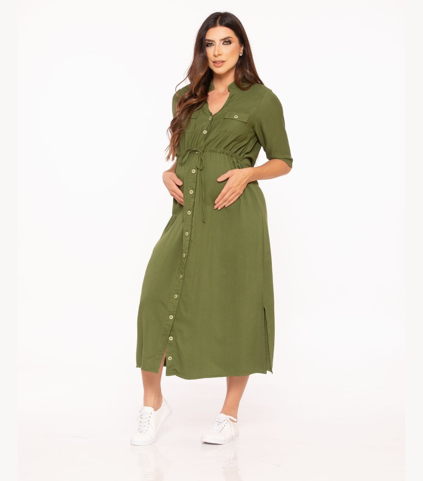 Green Shirt Maternity Dress - Button - Down Nursing