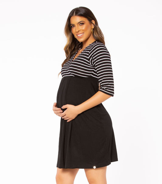 Black Striped Maternity Dress - Wrap Nursing Top