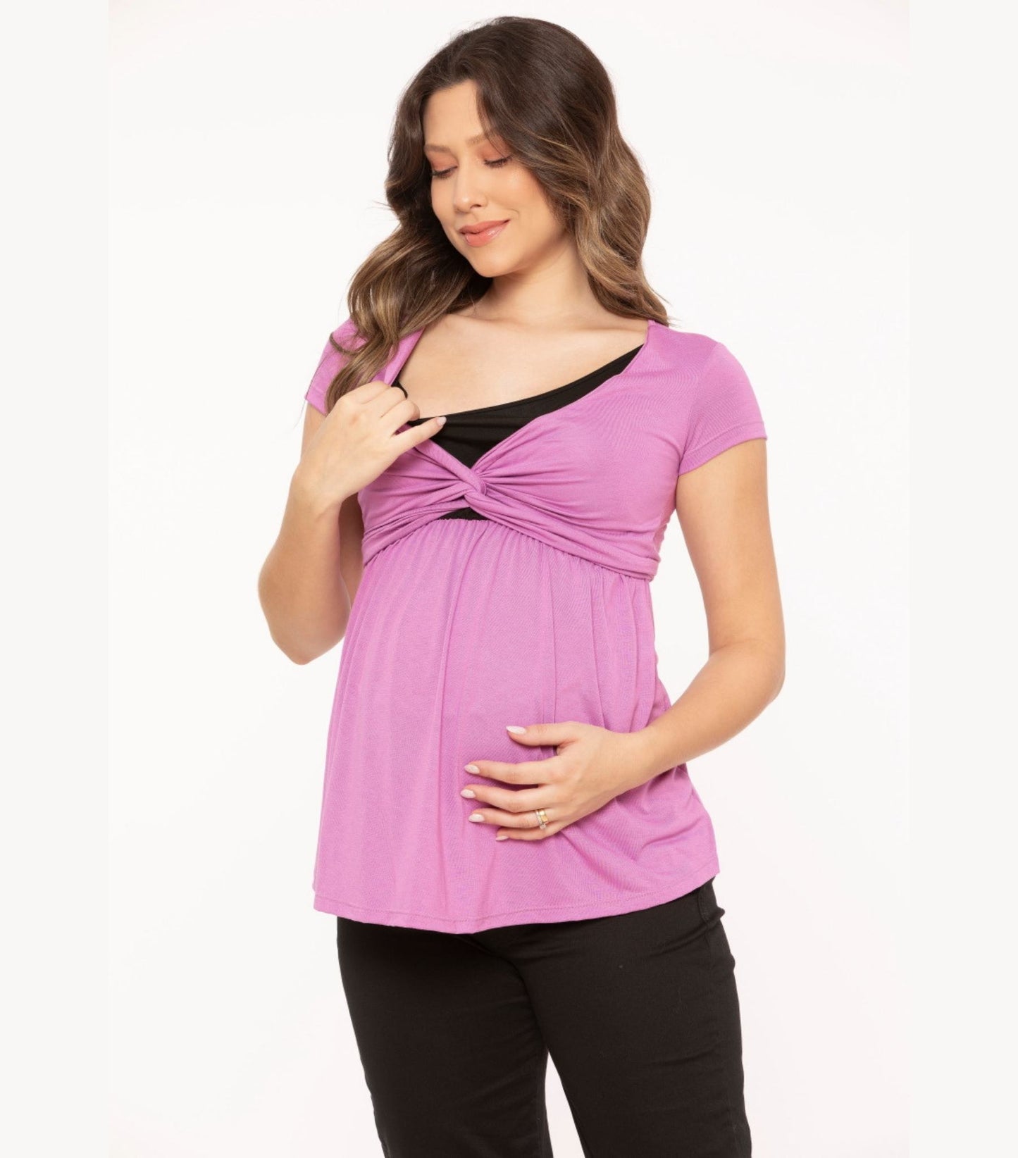 Lilac & Black Maternity Smock Top nursing access