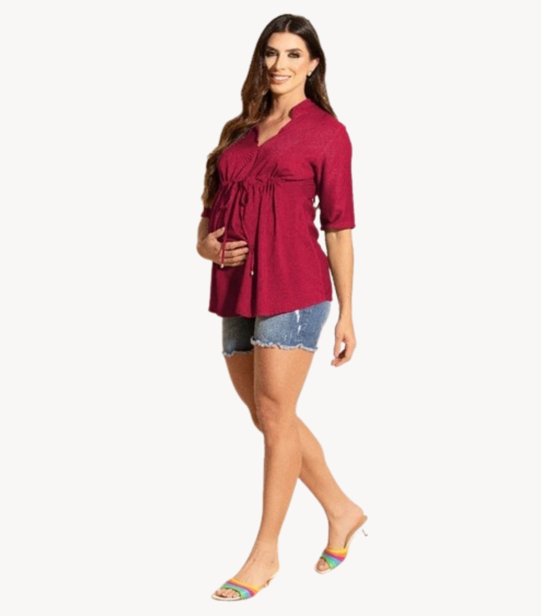 Burgundy Maternity Top Smock - Nursing Top Mandarin Collar