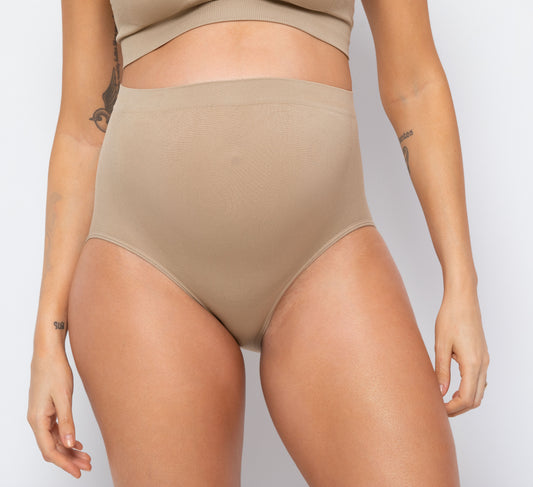 BEIGE SEAMLESS MATERNITY UNDERWEAR WITH BELLY SUPPORT - AJ MATERNITY CLOTHING