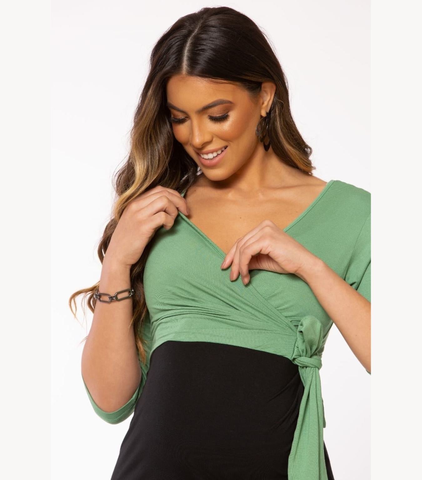 Green & Black Maternity Dress - Wrap Nursing Top