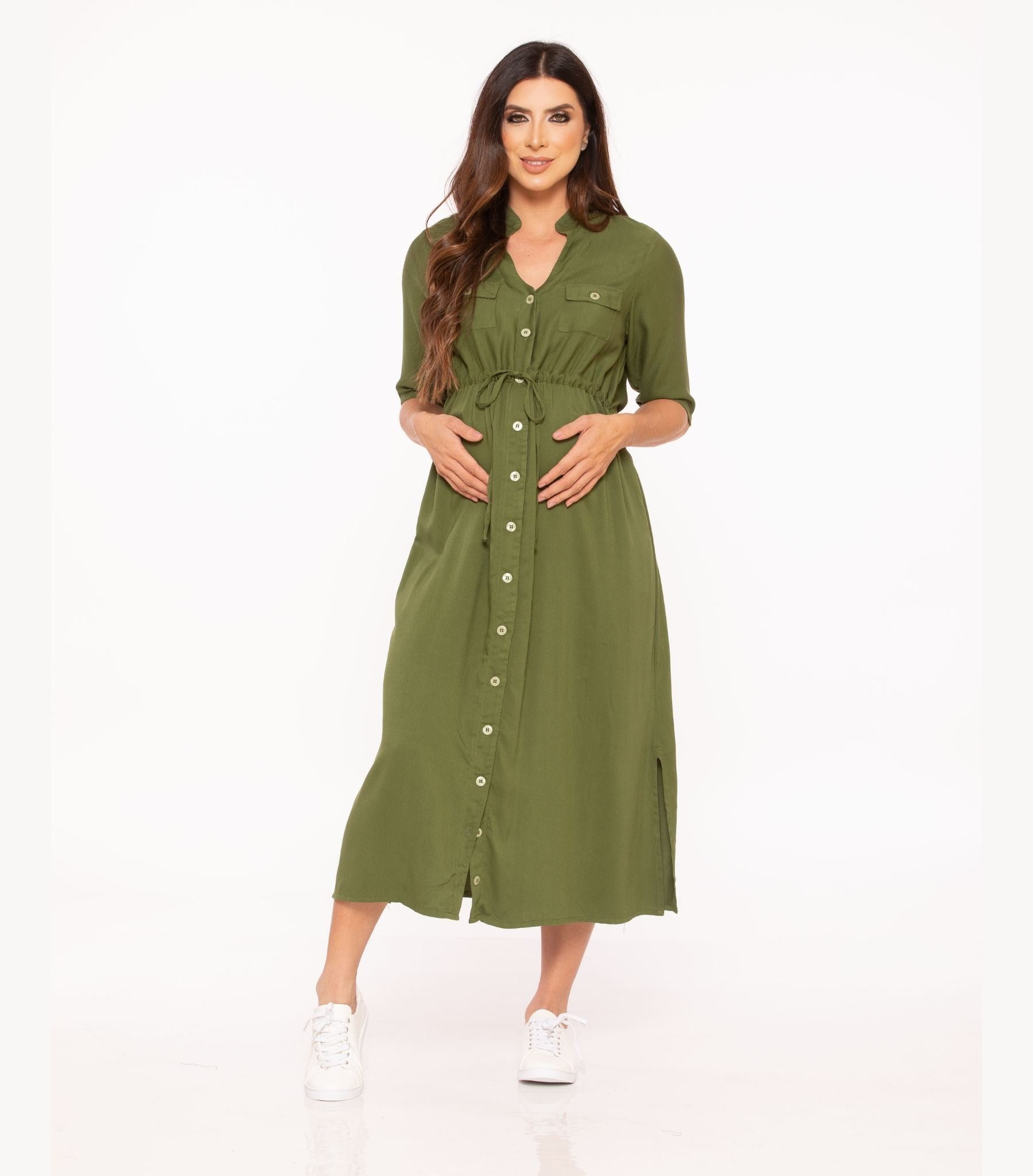 Green Shirt Maternity Dress - Button - Down Nursing