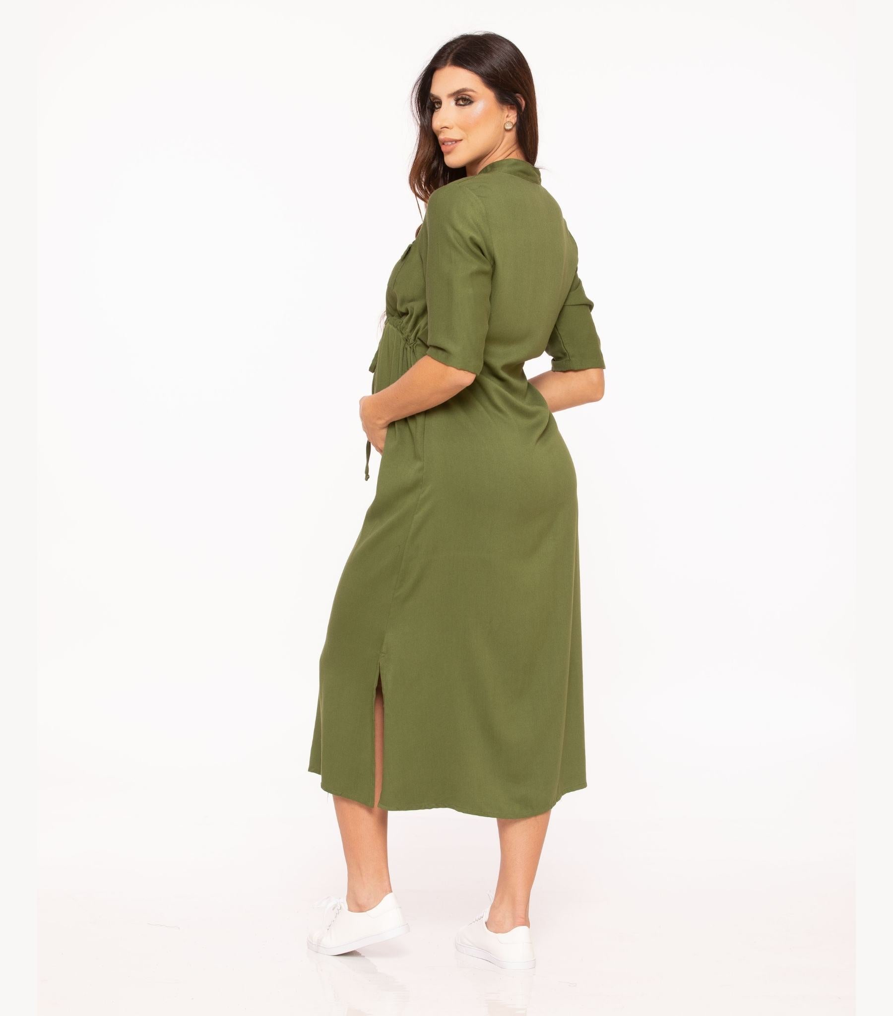 Green Shirt Maternity Dress - Button - Down Nursing