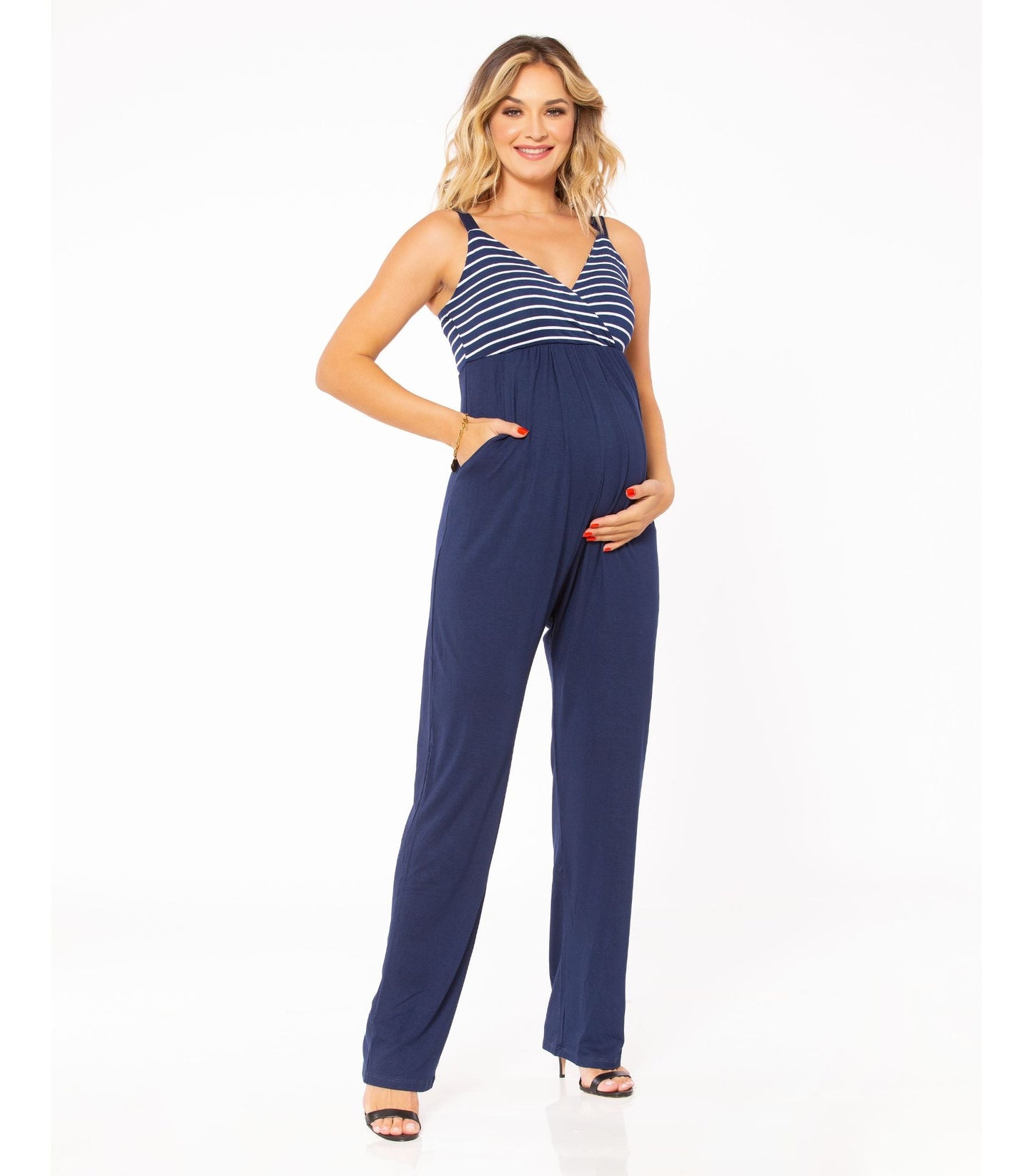 Maternity Jumpsuit Navy Blue - Striped Nursing Top