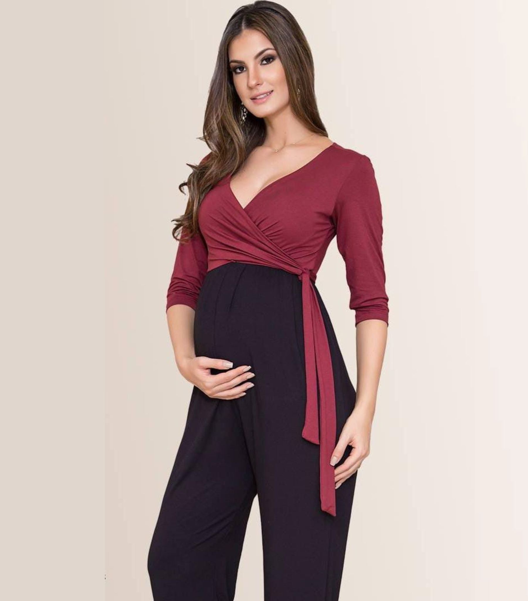 Maternity Jumpsuit with Wrap Nursing Top - Burgundy