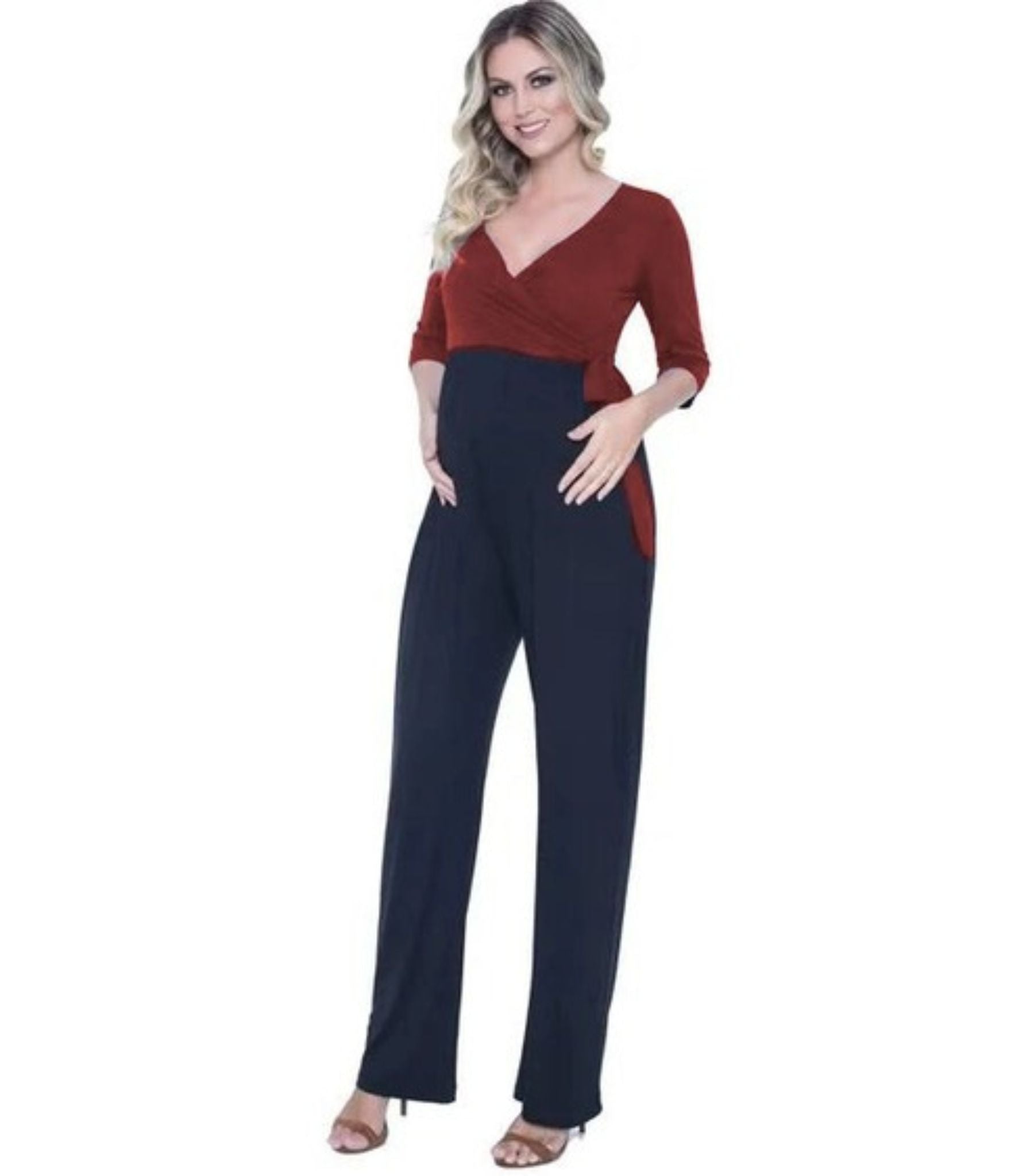 Maternity Jumpsuit with Wrap Nursing Top - Burgundy front