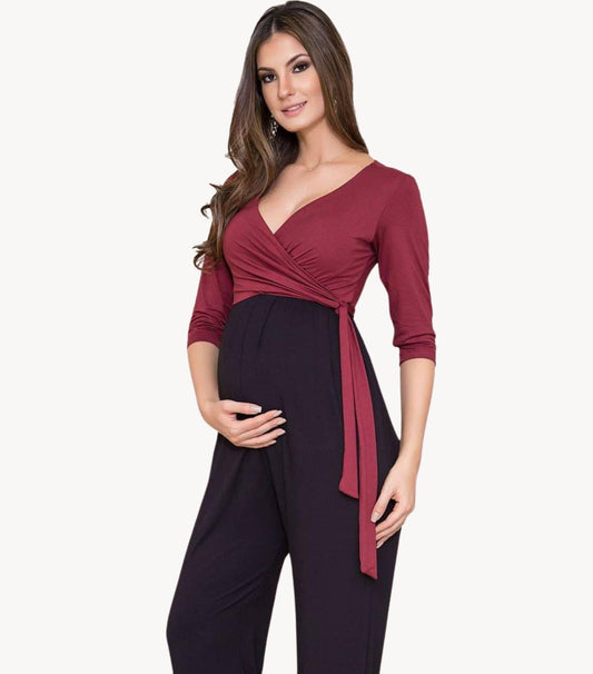 Maternity Jumpsuit with Wrap Nursing Top - Burgundy