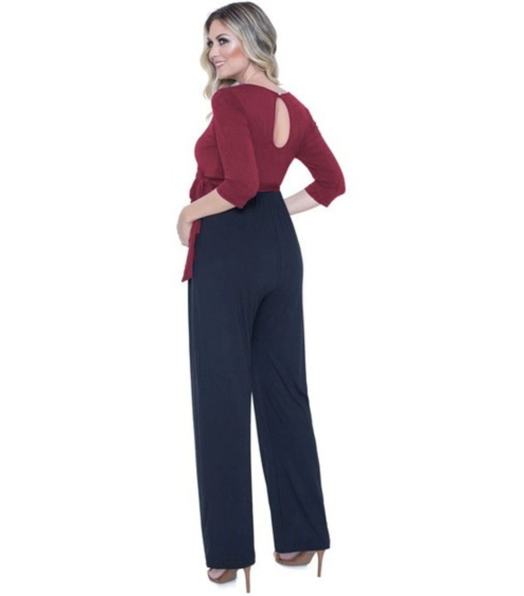 Maternity Jumpsuit with Wrap Nursing Top - Burgundy back