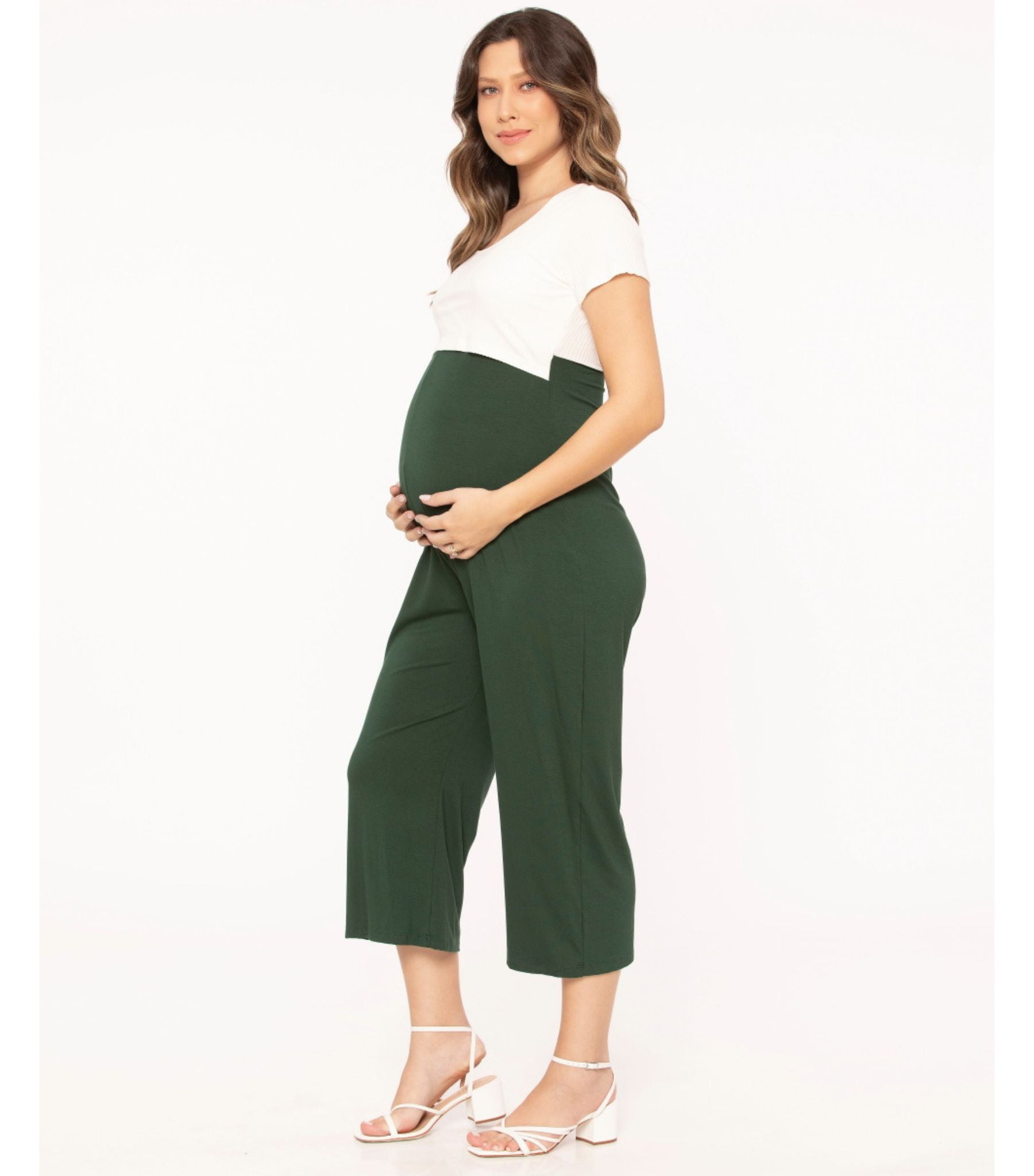 Maternity Pantacourt Jumpsuit with Scoop Nursing Top - Green