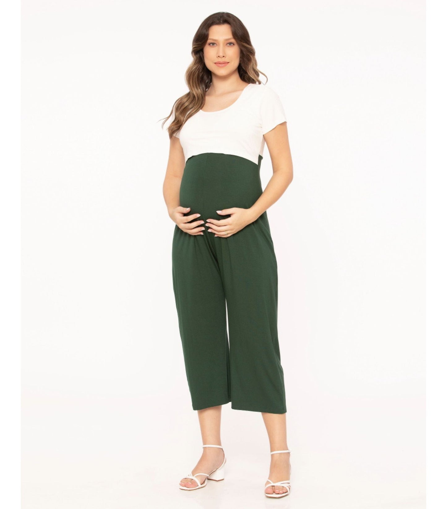 Maternity Pantacourt Jumpsuit with Scoop Nursing Top - Green