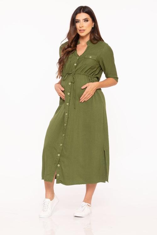 GREEN SHIRT MATERNITY DRESS - BUTTON-DOWN NURSING DESIGN - AJ MATERNITY CLOTHING