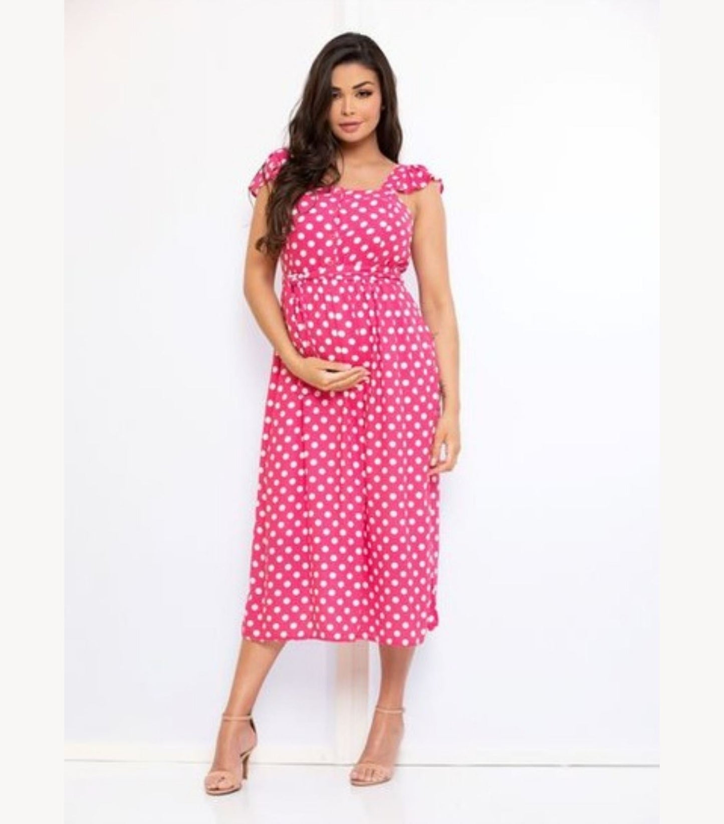 Pink Polka Dot Maternity Midi Dress - Button - Down Nursing Top