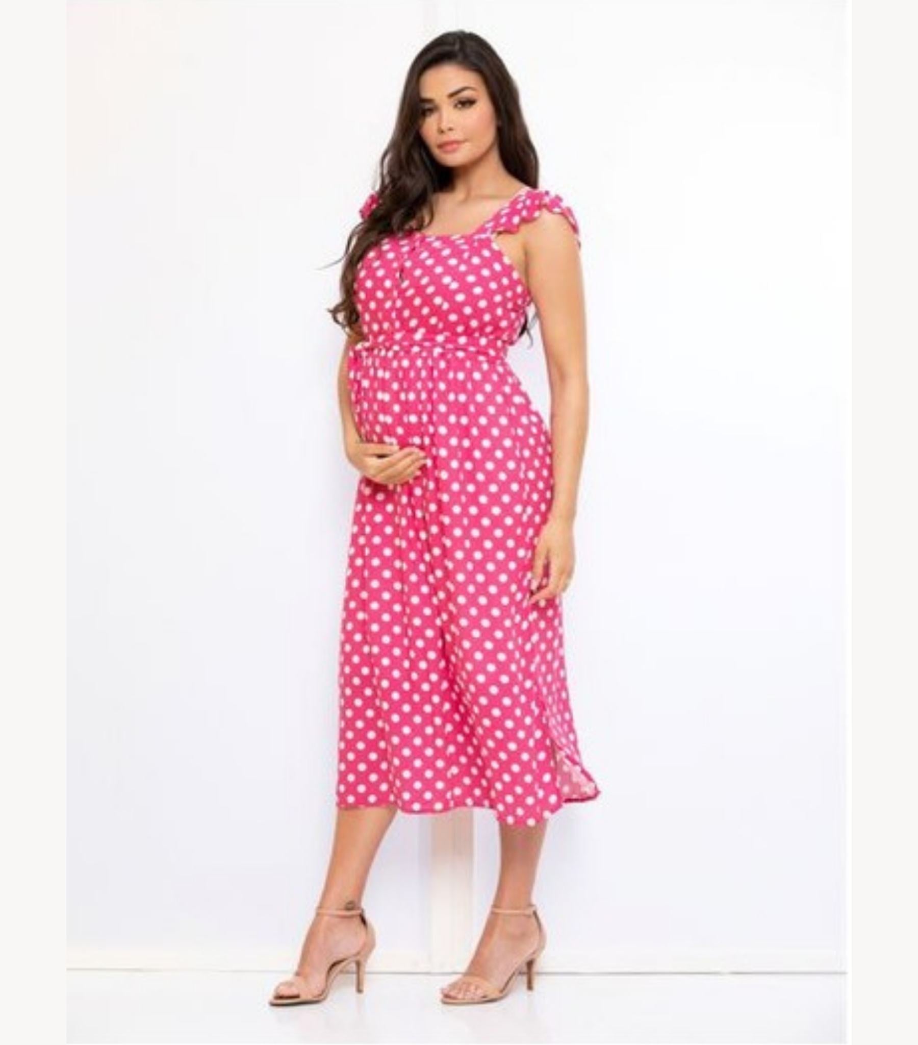 Pink Polka Dot Maternity Midi Dress - Button - Down Nursing Top
