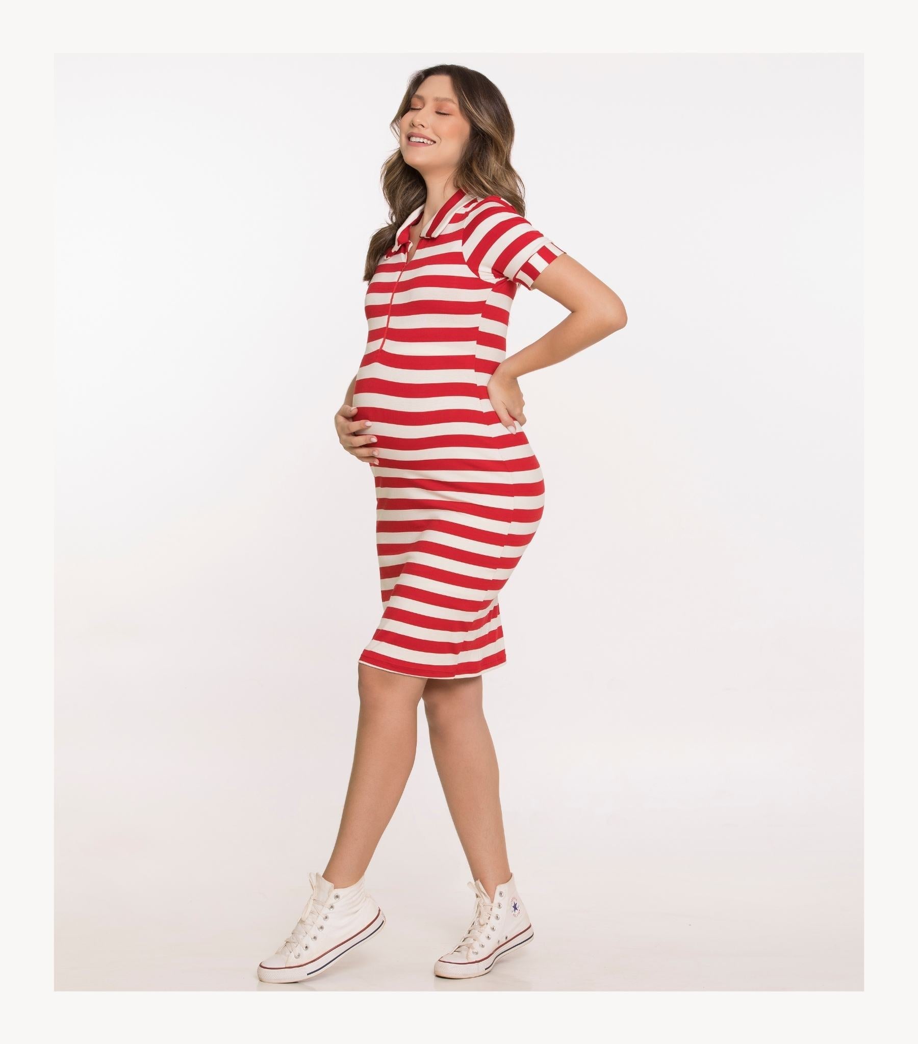 Red Striped Maternity Dress - Zipper Nursing Top