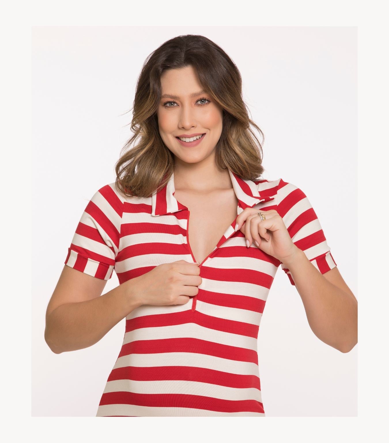 Red Striped Maternity Dress - Zipper Nursing Top