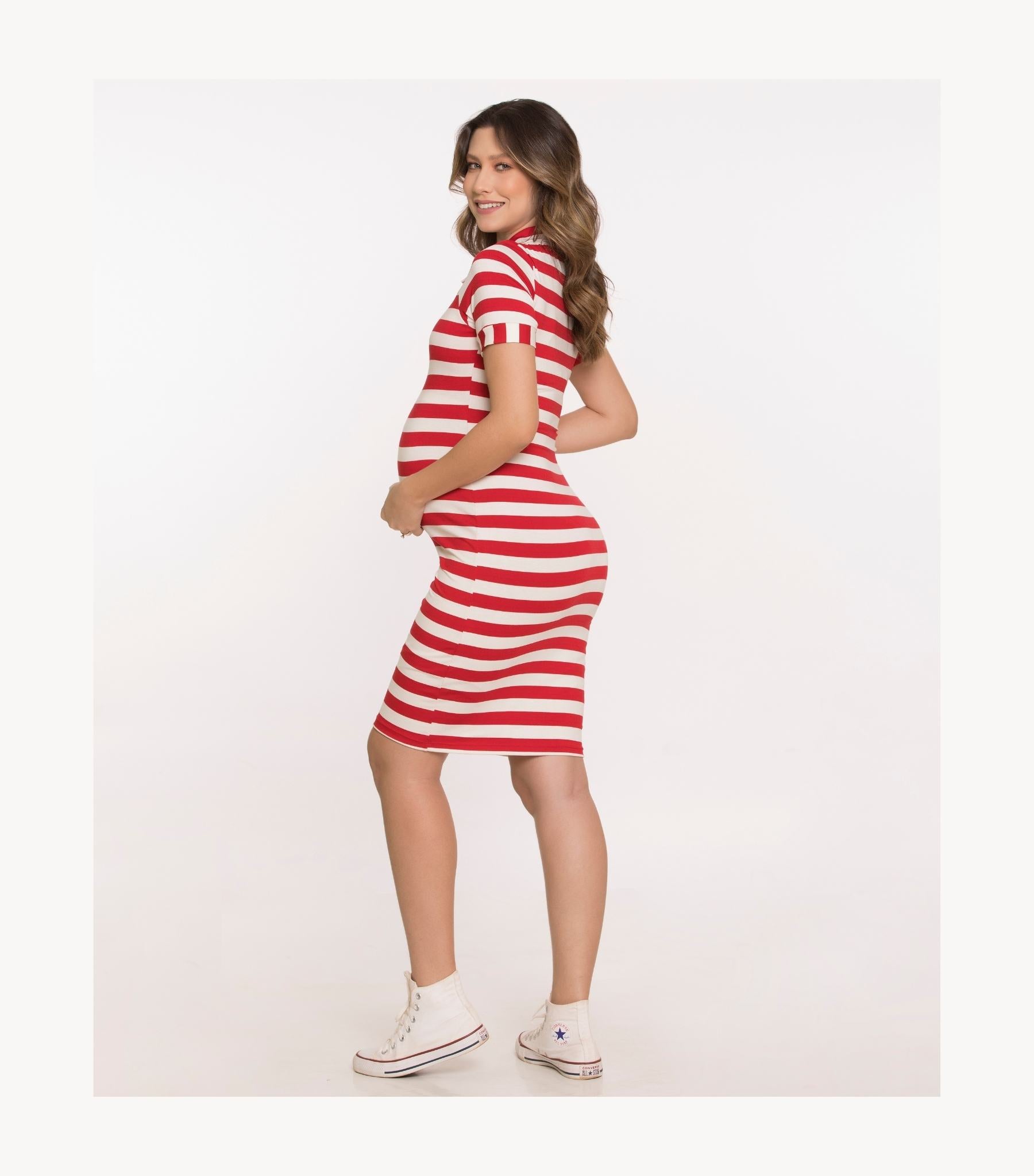 Red Striped Maternity Dress - Zipper Nursing Top